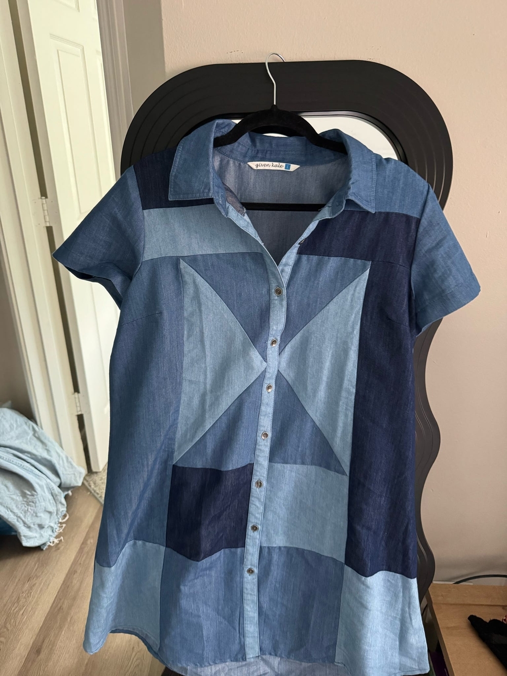 Patchwork Indigo Button-Front Mini Dress